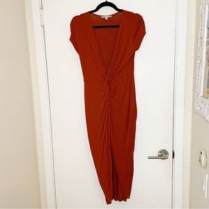 Haute Monde Burnt Orange High Low Fitted midi Dress M vneck stretchy